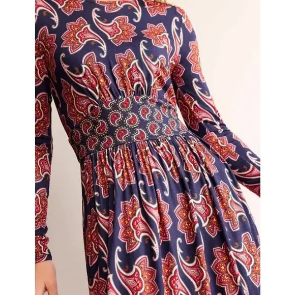 Boden Thea Long Sleeve Midi Dress French Navy Paisley Amaryllis Size 10R - Picture 2 of 9